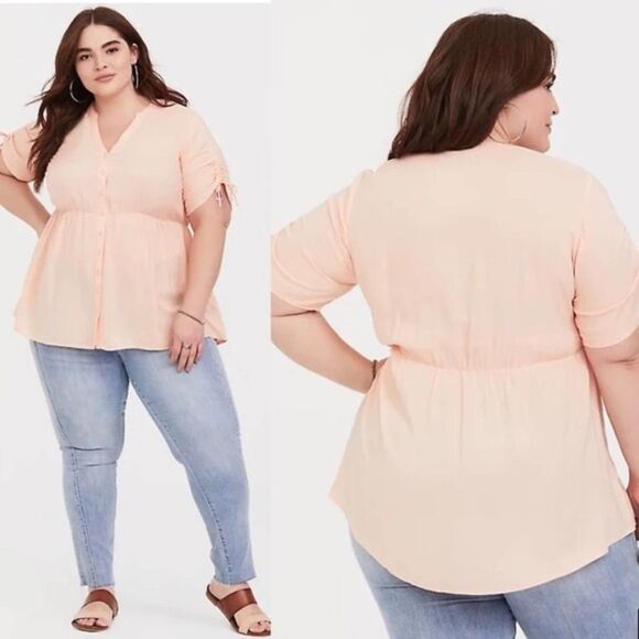 Torrid PEACH CHALLIS TIE SLEEVE BABYDOLL TOP Blouse Button Down Hi Low V Neck - Picture 1 of 9